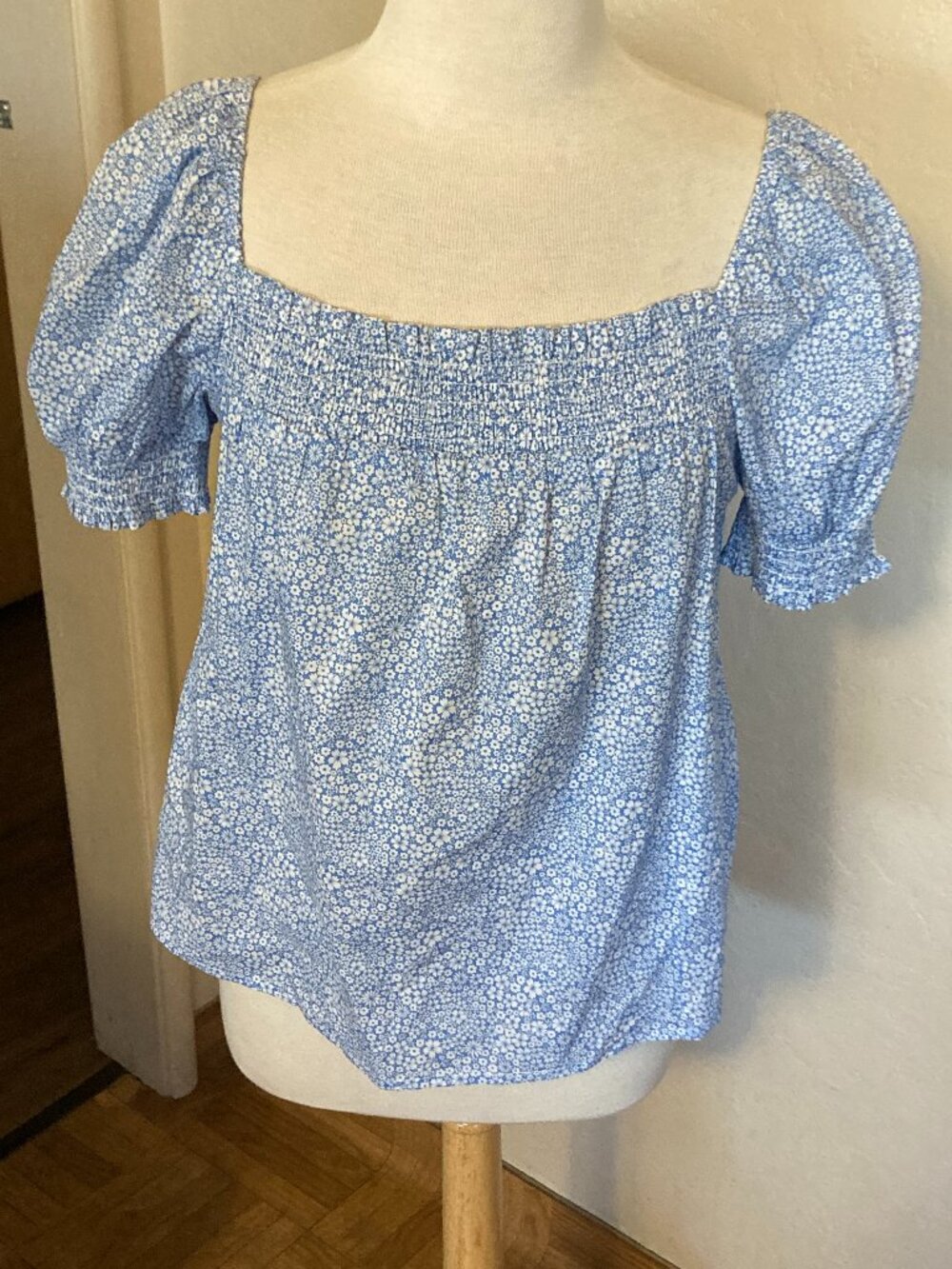 J. Crew puff sleeve smocked top in blue Liberty floral print